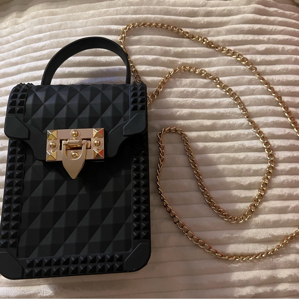 Black Crossbody Bag with Gold Chain